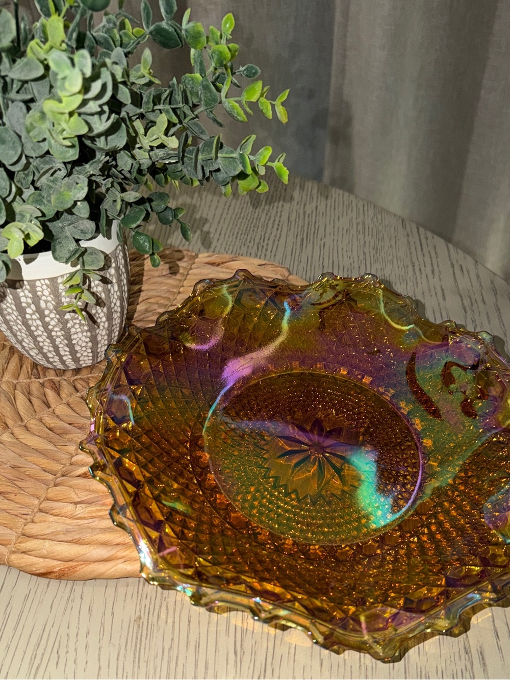 Indiana Glass Iridescent Amber Carnival Dish Candy Snacks Relish Low Bowl